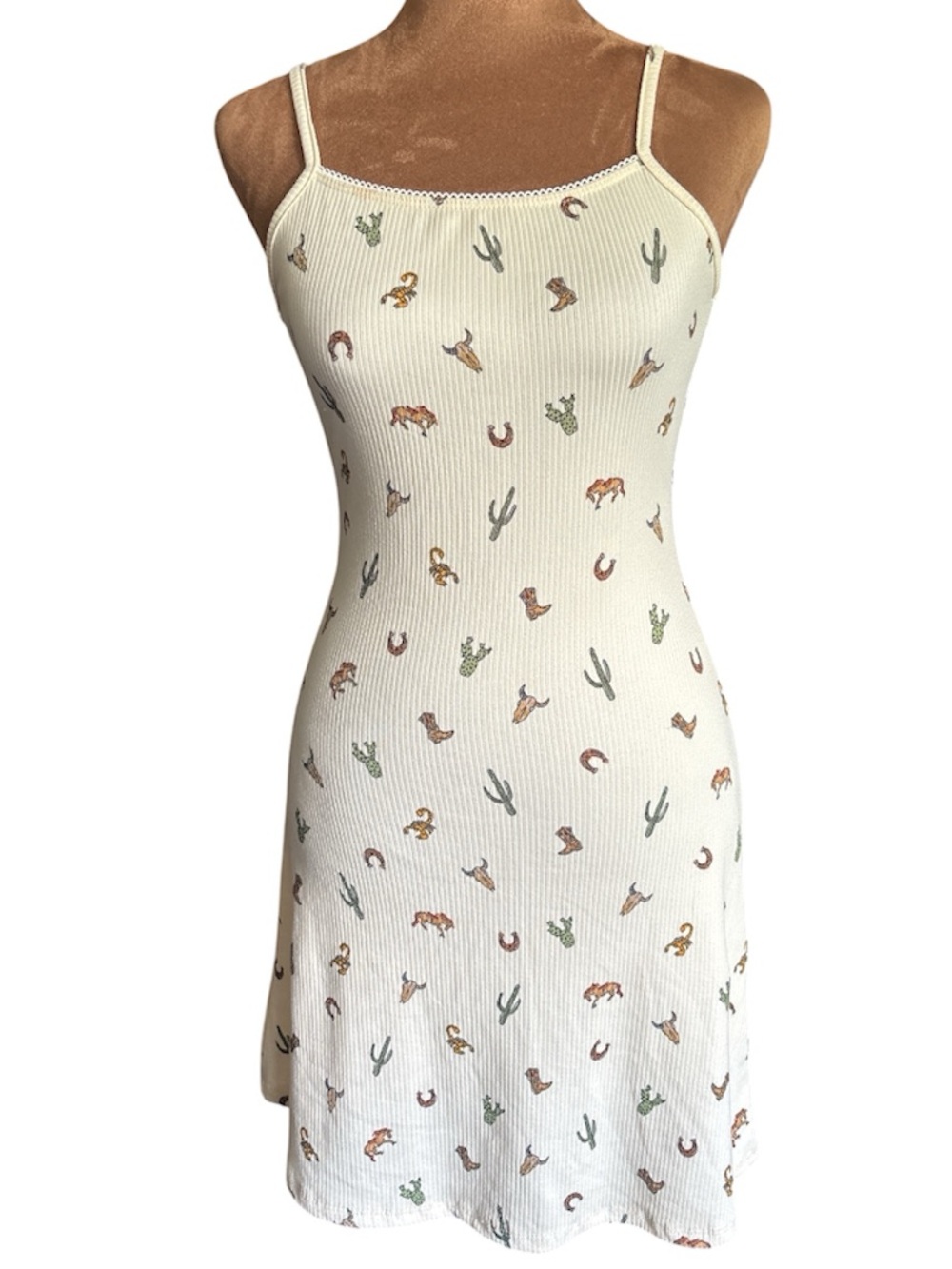 SEE YOU MONDAY Cream Western Motif Ribbed Cami Dress Y2K Vibes Juniors Small